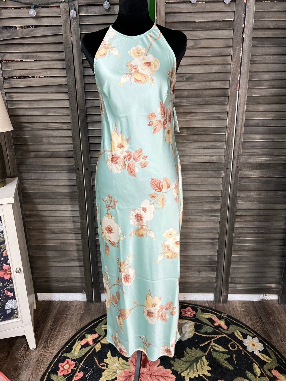 A New Day Floral Satin Slip Maxi Dress XS Side Slit Romantic Cottagecore